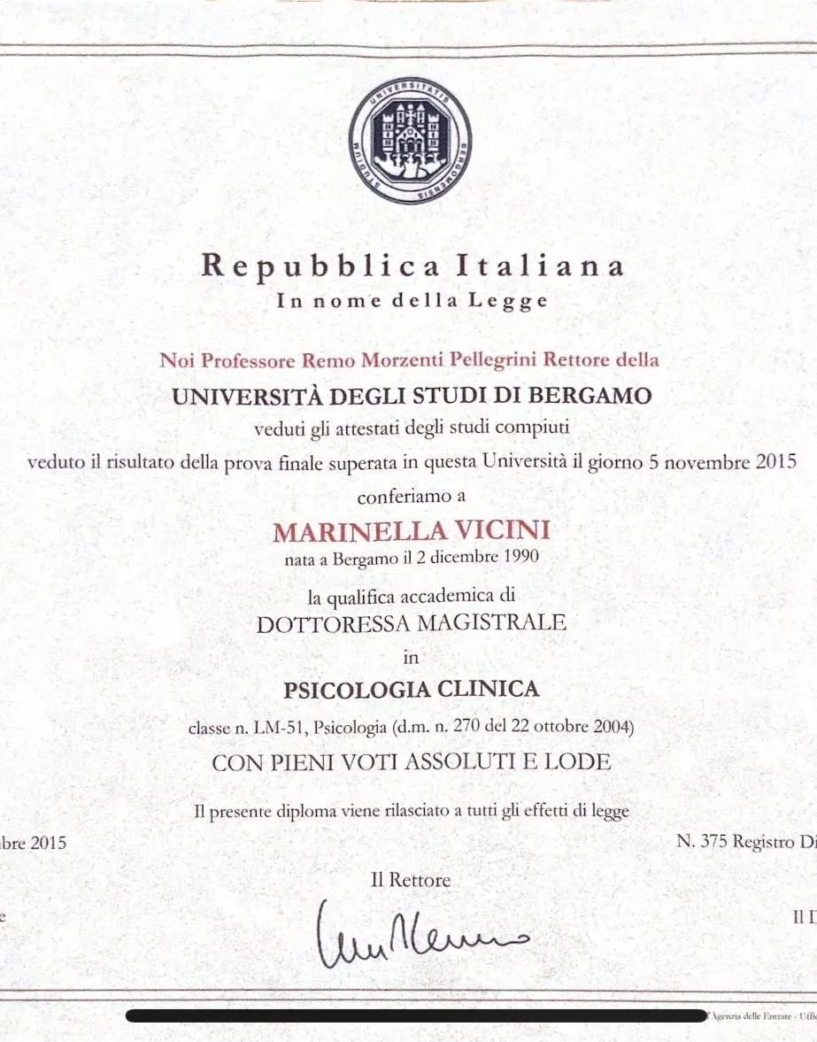 Il diploma di laurea magistrale in Psicologia clinica dell'Università degli Studi di Bergamo