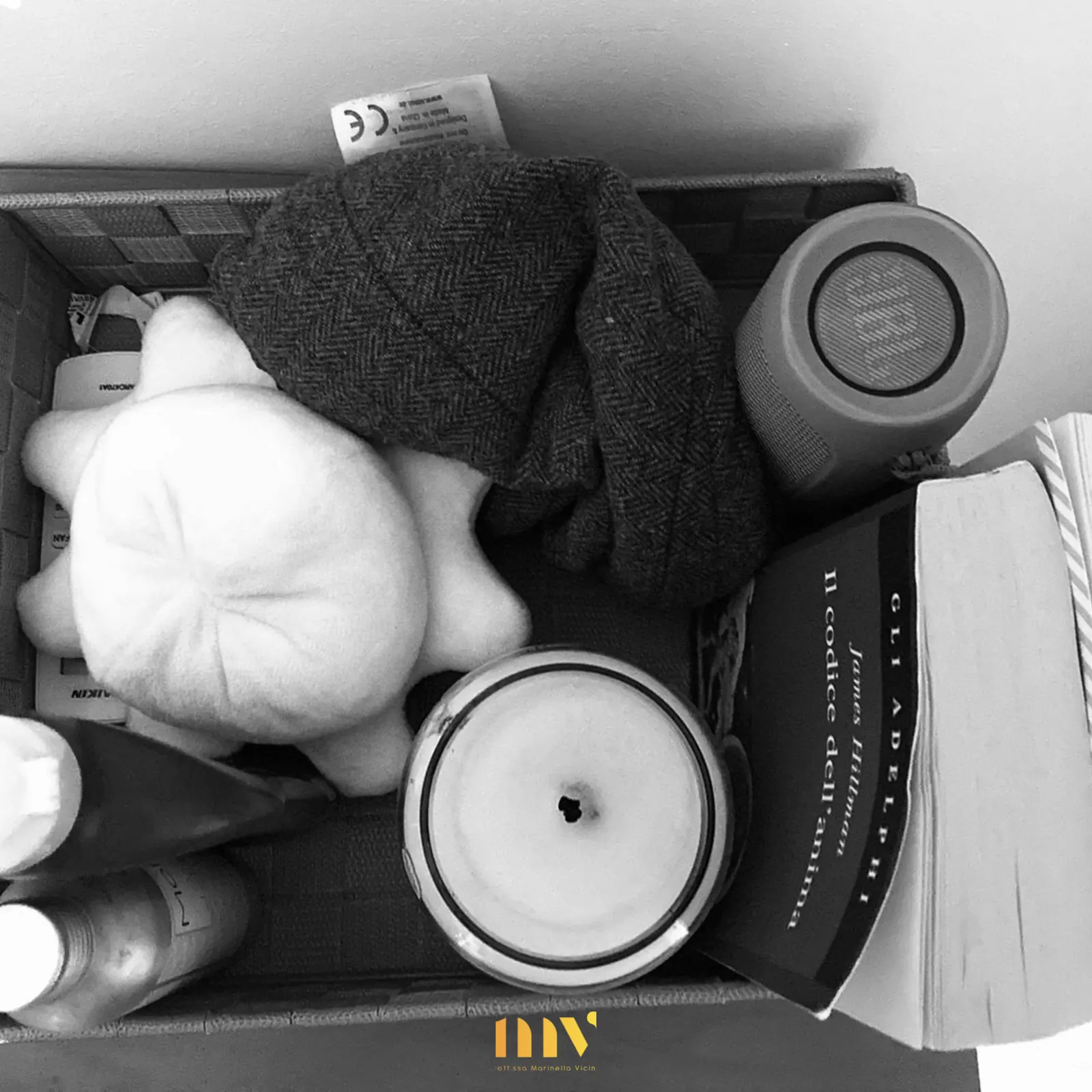 Scatola con giochi e peluche fotografata in bianco e nero