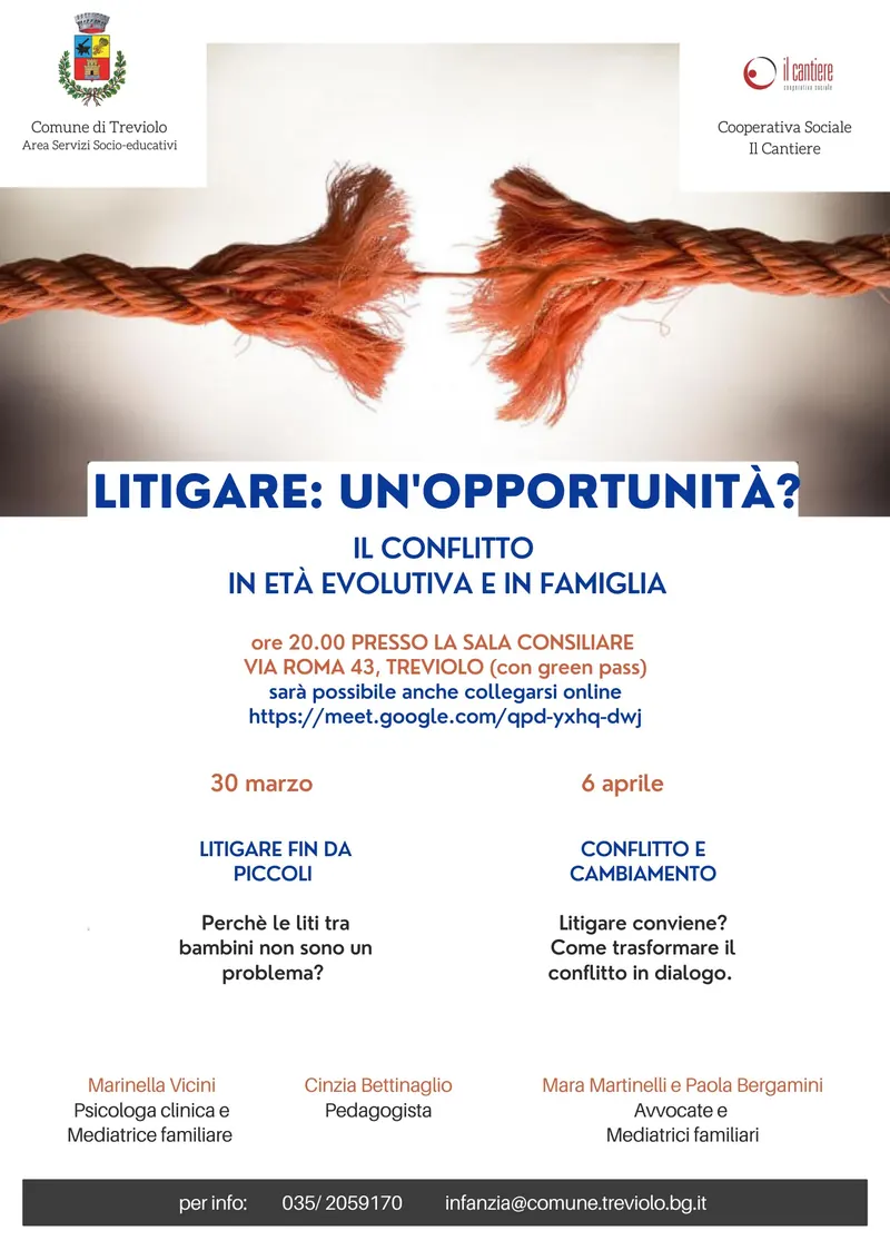 Locandina delle due serate Litigare: un'opportunità? Il conflitto in età evolutiva e in famiglia, nel comune di Treviolo