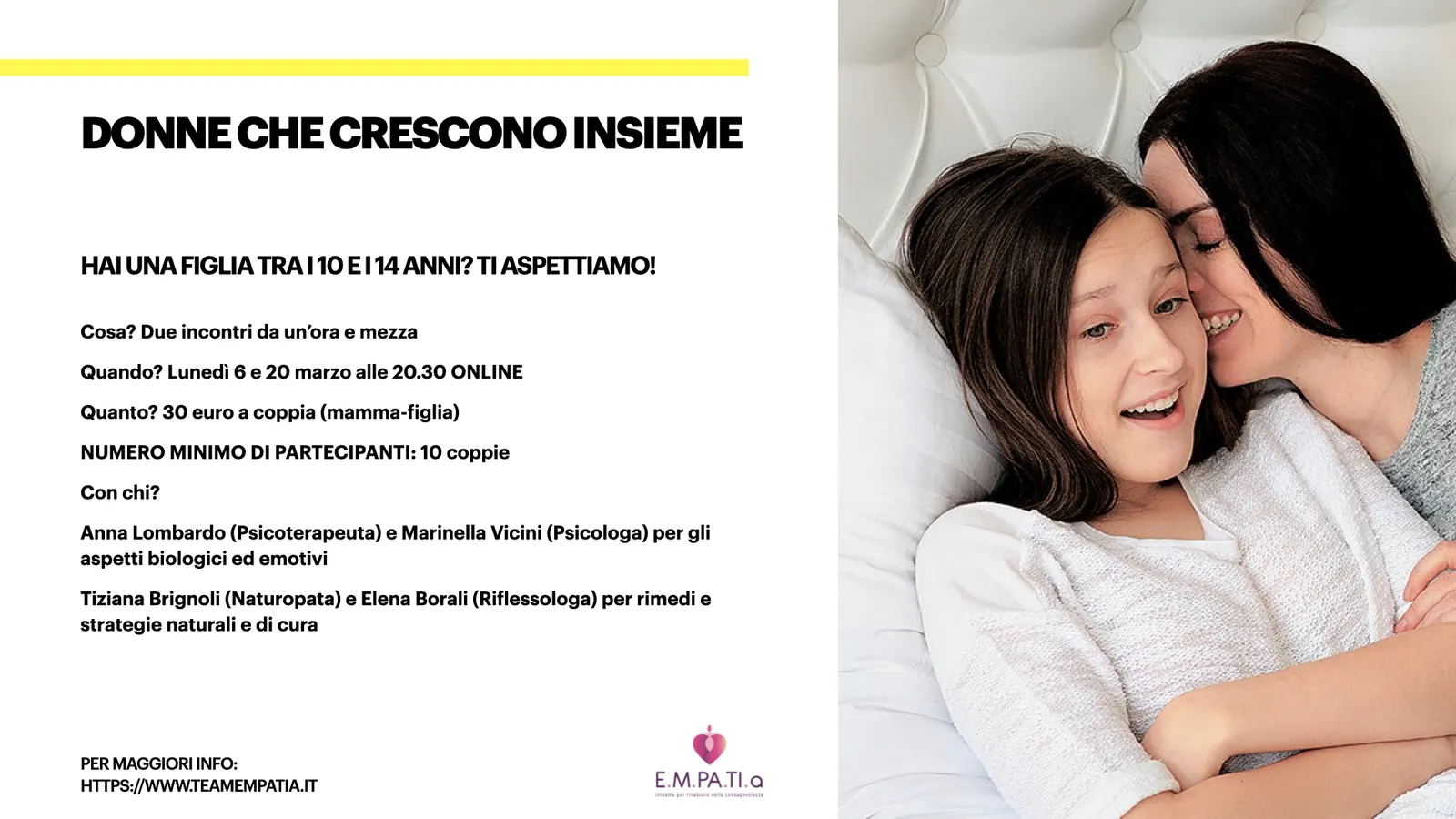 Locandina del percorso Donne che crescono insieme con la foto di una mamma che abbraccia la figlia